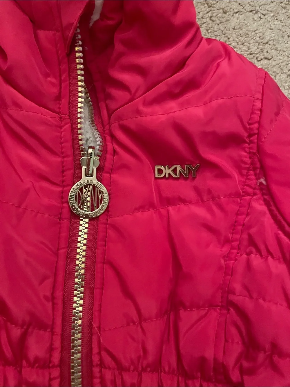 DKNY Girls' Bright Pink Reversible Hooded Quilted Puffer Coat